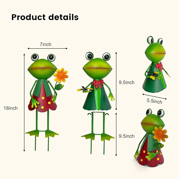 HONGLAND 3D Frog Metal Yard Art - Garden Decor for Outside - Handcrafted Frog Figurine for Lawn Patio Pathway Yard Holiday Garden Stake (with Dragonfly)