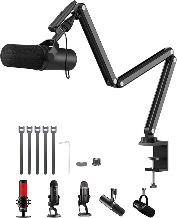 KU XIU Aluminum Alloy Boom Arm Microphone Stand for Desk, Three-Section Adjustable Mic Arm Mount with Cable Management Channels for Desktop Podcasting, Recording, Streaming, Gaming, Home Office-Black