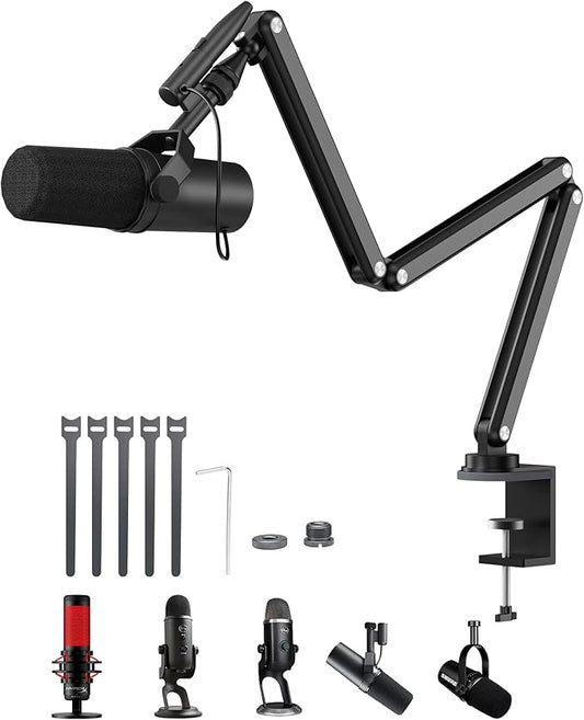 KU XIU Aluminum Alloy Boom Arm Microphone Stand for Desk, Three-Section Adjustable Mic Arm Mount with Cable Management Channels for Desktop Podcasting, Recording, Streaming, Gaming, Home Office-Black