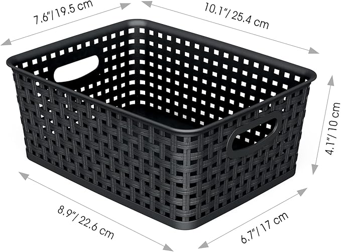 WYT 12-Pack Plastic Small Shelf Storage Weave Baskets for Organizing, Black
