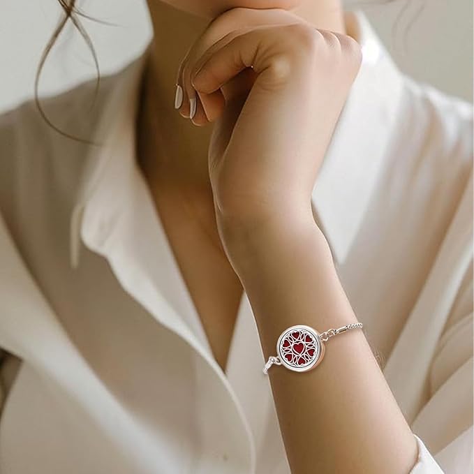 Essential Oil Diffuser Bracelet Aromatherapy Locket - Adjustable Stainless Steel Heart with 10 Pcs Refill Pads for Women Girls