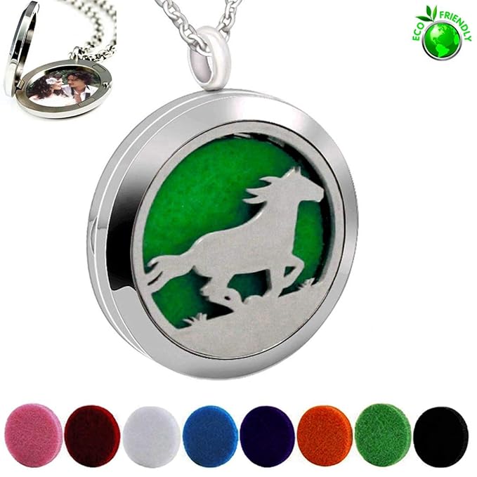Essential Oil Diffuser Necklace,Perfume Stainless Steel Aromatherapy Horse Locket Pendant with 24" Chain & 8 Pads, Birthday Christmas Jewelry Gift for Women Men