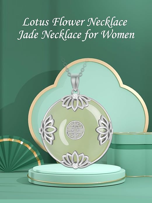 Jade Lotus Necklace for Women 14k Gold Plated Sterling Silver Good Fortune Jade Jewelry Birthday Christmas Gifts for Women Mom Wife