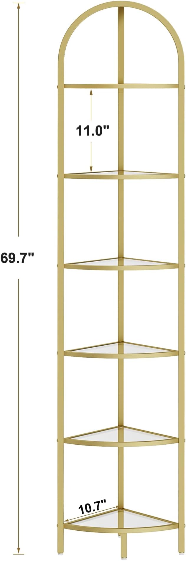 Homhedy 6-Tier Corner Shelf Stand, Metal Corner Bookshelf, Tempered Glass Shelves, Bathroom Storage Rack Shelf, Plant Stand, Modern Style, Golden