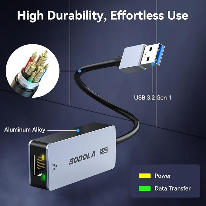 Sodola USB to Ethernet Adapter 2.5Gb, Ethernet Adapter for Laptop, Aluminum, USB 3.0 to RJ45 Network Internet LAN Adapter, Compatible for NAS,Laptop,Tablet, PC Unter Windows 11/10/8, macOS USW