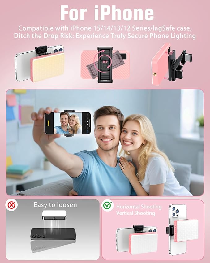 168 LED Selfie Light for iPhone, Phone Light, 3000mah Rechargeable Picture Light Clip Portable Lights for Phone, Camera, Laptop, iPad, 3 Lights Modes for Makeup, Video Conference, TikTok, Vlog (Pink)