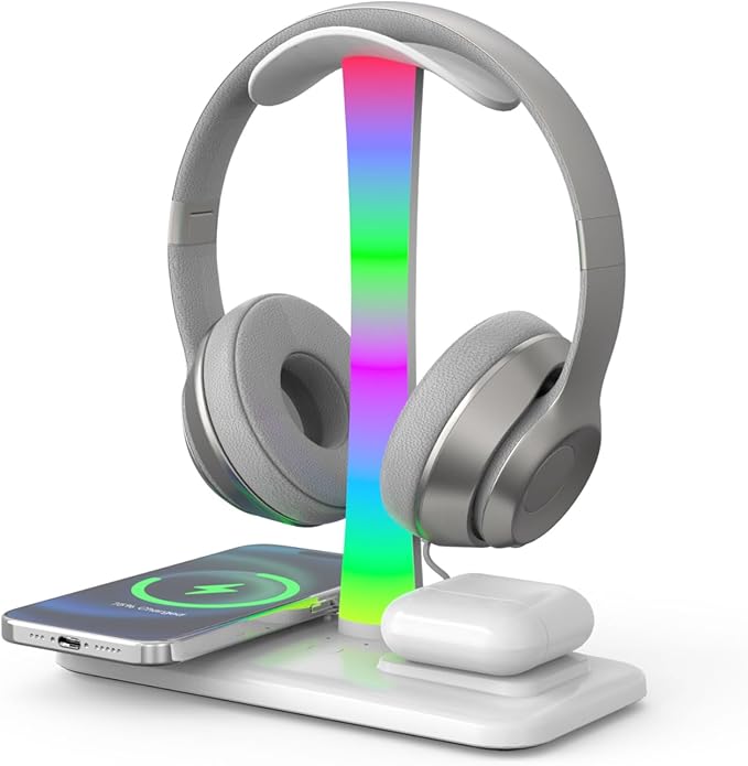 5 in 1 Headphone Stand with 15w Wireless Charger, Fast Wireless Charging Station Headset Holder for iPhone 15/14/13/12/11/XS/XR/X, Air Pods 3/2/Pro/2, Desk Gaming Headset Holder (White with Light)
