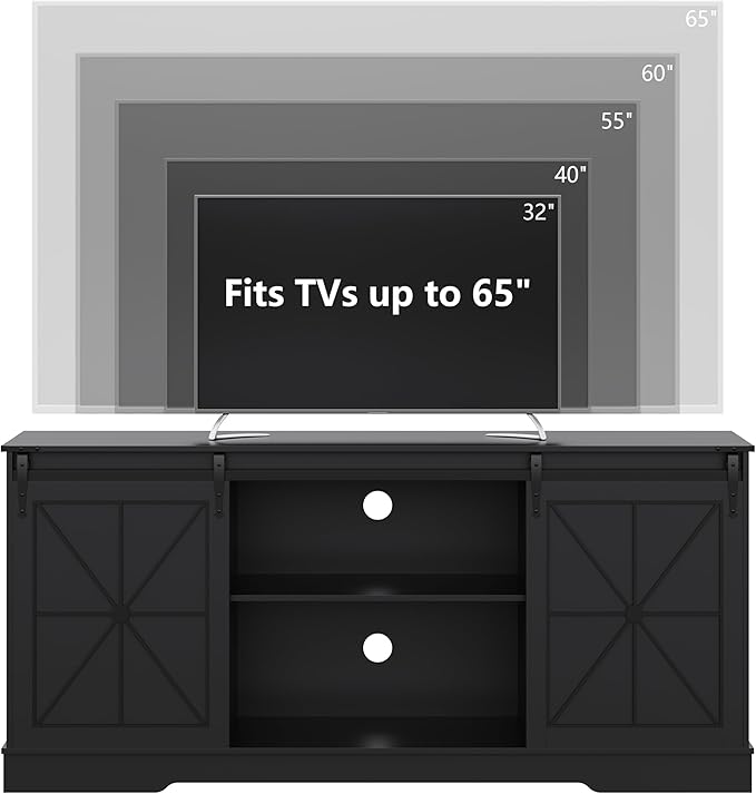 Farmhouse TV Stand for 65/60/55 Inch Tvs, Rustic Entertainment Center with Storage Cabinets & Sliding Barn Doors, Modern Media Console Table, Wood Television Furniture for Living Room, Bedroom, Black