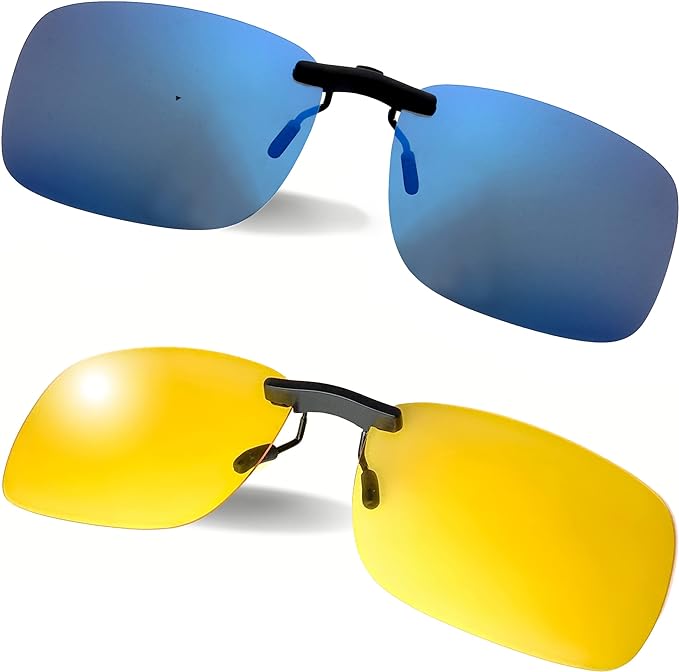 BLUE CUT Clip on Polarized Night Vision, Driving Sunglasses UV 400 Blocker To Wear Over Prescription Glasses
