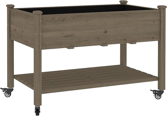 47.1x22.6x32.7in Raised Garden Bed Featuring Legs, Outdoor Elevated Wood Planted Box Equipped with Wheels & Shelf for Vegetable Flower, Backyard and Patio, Light Mocha Brown
