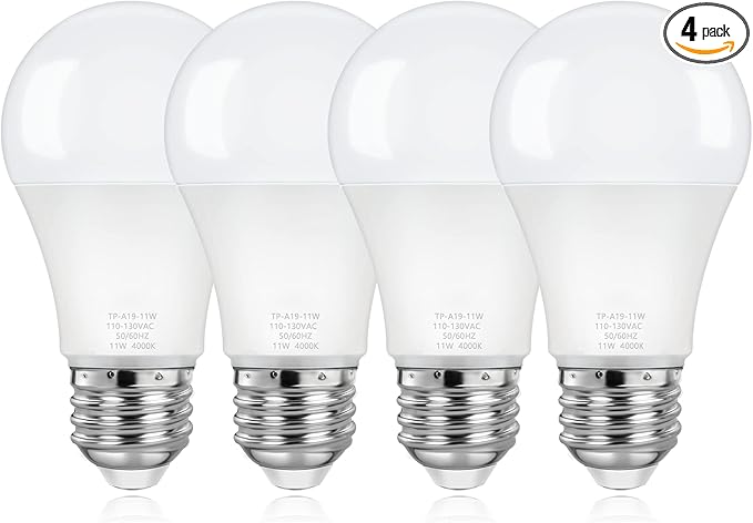 4-Pack A19 Light Bulbs, 100W Equivalent LED Bulb, Neutral White 4000K 1100LM 11W, Non-Dimmable E26 Base Bright Lighting, CRI 85+, No Flicker