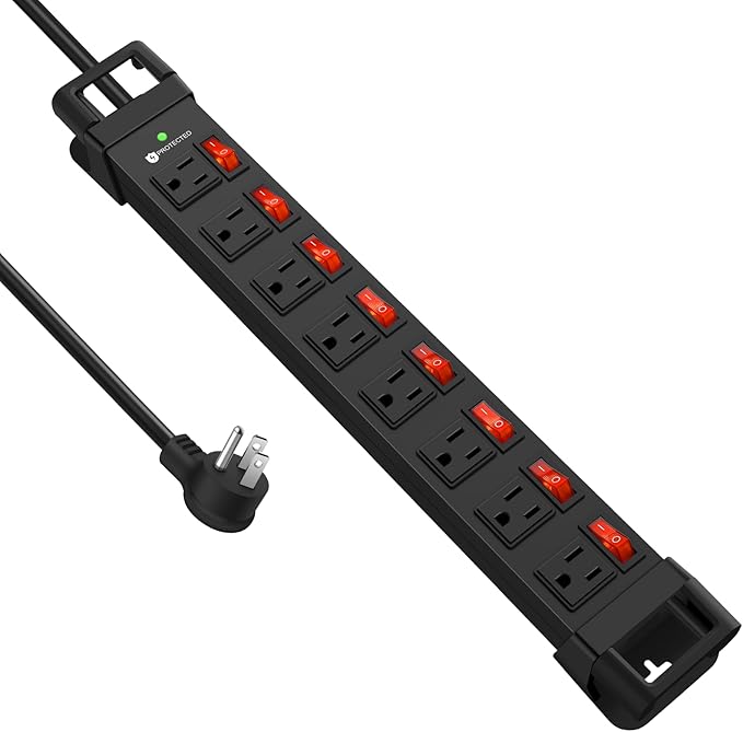 Heavy Duty Power Strip with Individual Switches,8 Outlets 14 Gauge Industrial Shop Garage Metal Multiple Outlets,1200J Surge Protector Mountable Power Strip,6FT Extension Cord Management(Black)