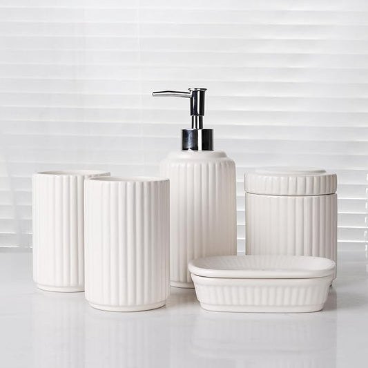 White Bathroom Accessory Set 5PCS, Ceramic Bathroom Accessories Set, Classic Design Bathroom Accessories Sets Complete, Home Apartment Modern Bathroom Decor Vanity Countertop, ANTIS'S HOME