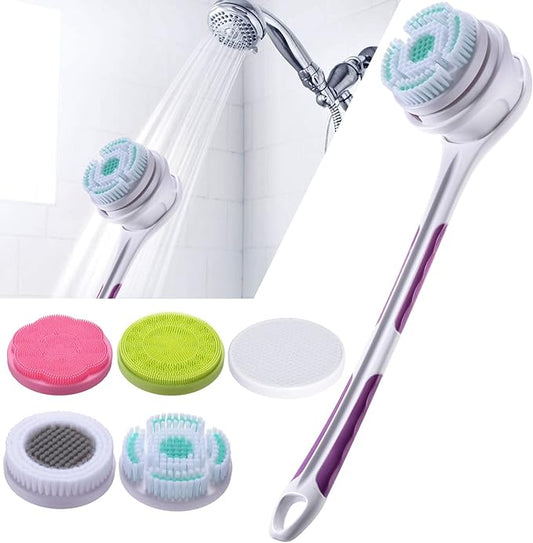 SoulBay Electric Body Brush with 5 Attachments: Rechargeable Back Brush IPX7 Long Handle Exfoliating Spin Scrubber for Shower Bathing Cleansing Wash Deep Cleaning