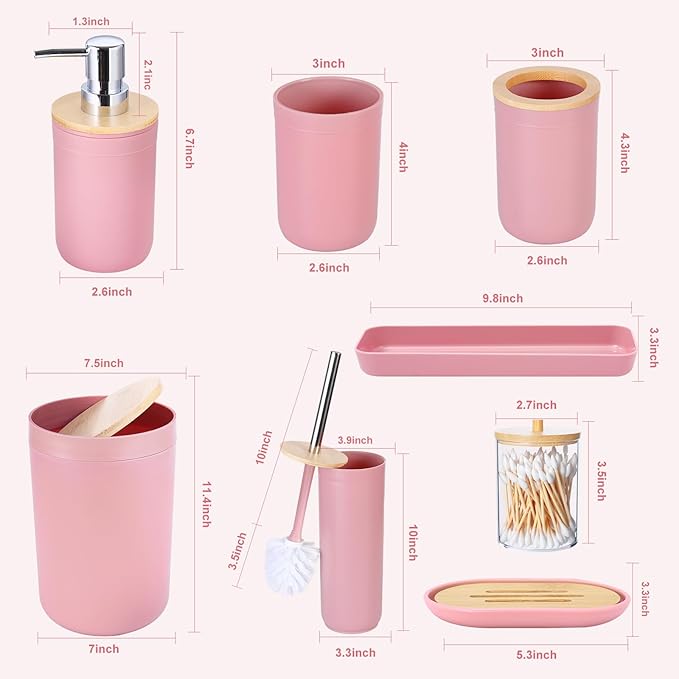iMucci 9Pcs Pink Bathroom Accessories Set - with Trash Can,Toilet Brush,Toothbrush Holder, Lotion Soap Dispenser, Soap Dish,Toothbrush Cup,Qtip Holder,Tray