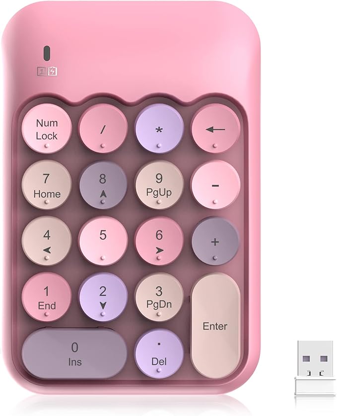 PINKCAT Wireless Number Pad, Cute 18 Keys Numeric Keypad with 2.4G Mini USB Receiver, Portable Silent Number Numpad Financial Accounting for Laptop, PC, Notebook, Desktop, Surface - Pink Mix