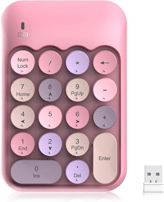 PINKCAT Wireless Number Pad, Cute 18 Keys Numeric Keypad with 2.4G Mini USB Receiver, Portable Silent Number Numpad Financial Accounting for Laptop, PC, Notebook, Desktop, Surface - Pink Mix