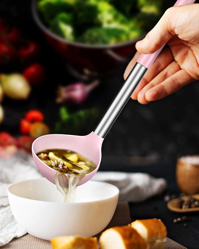 Pack of 2 Ladle Spoon,Silicone Large Spoon for Soup,Non Stick Kitchen Utensils with High Heat Resistant,BPA Free Perfect Kitchen Tools for Cooking, Stirring,Serving Soups (PINK-PURPLE)