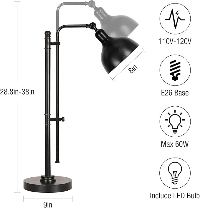 PARTPHONER Industrial Adjustable Desk Lamp for Home Office, Farmhouse Table lamp, Rustic Metal Task Desk Lamp in Aged Bronze Finish, Vintage Reading Lamp for Study Room, Black