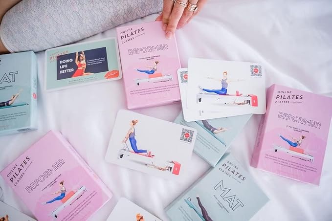 OnlinePilatesClasses Pilates Reformer Deck with Free Video Tutorials, Fitness Flash Cards with 79 All-Levels Cards for Home Gym Exercise, Reformer Not Included
