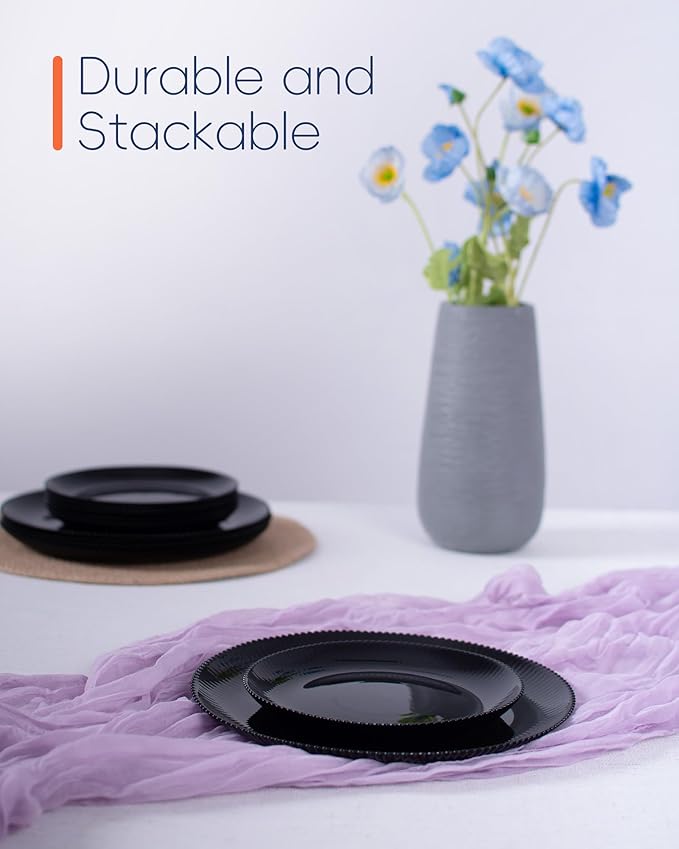 10.5 inch Ribbed Dinner Plate Set of 6, Round Opal Glass Black Dinnerware Plates, Dishwasher and Microwave Safe