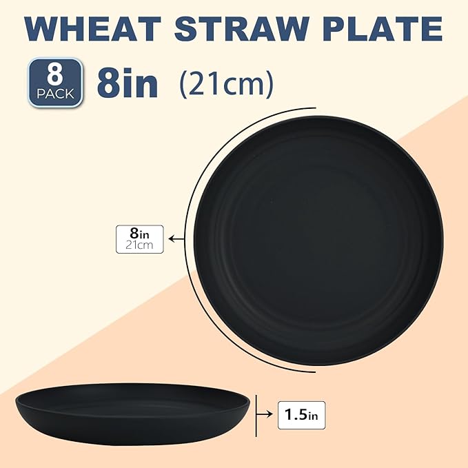 Wheat Straw Plates - 8 Inch Unbreakable Dinner Plates Set of 8 - Dishwasher & Microwave Safe Plastic Plates Reusable - Lightweight Plates for kitchen,R.V (pure black)