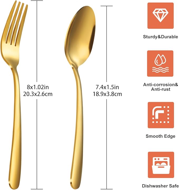 24-piece Forks and Spoons Silverware Set, Unokit Stainless Steel Flatware Cutlery Set for Home, Kitchen and Restaurant, 12 Dinner Forks and 12 Dinner Spoons, Mirror Polished&Dishwasher Safe - gold