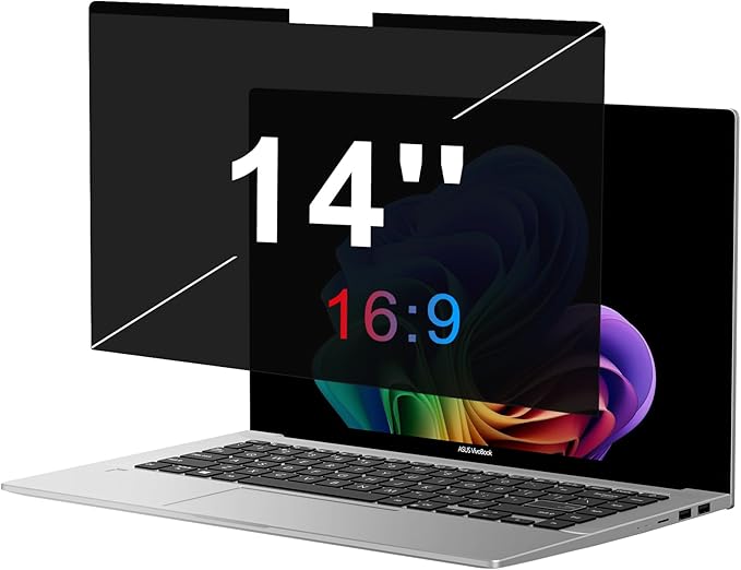 OMOTON Magnetic Laptop Privacy Screen 14 Inch 16:9, Anti-Spy Filter, Matte Anti Glare Blue Light Protector, Easy Install & Remove