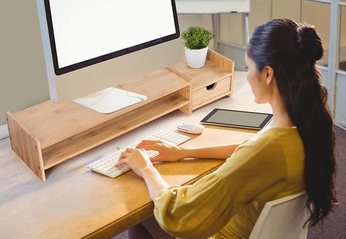 Monitor Stand Riser Desk Organizer-Bamboo 2 Tier Laptop Stand With Drawers, Adjustable Desktop Storage Organizer For Computer, Printer, Cellphone-Use In Office,Home /Reduce Neck &Eye Strain(Basic)