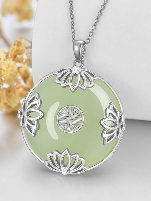 Jade Lotus Necklace for Women 14k Gold Plated Sterling Silver Good Fortune Jade Jewelry Birthday Christmas Gifts for Women Mom Wife
