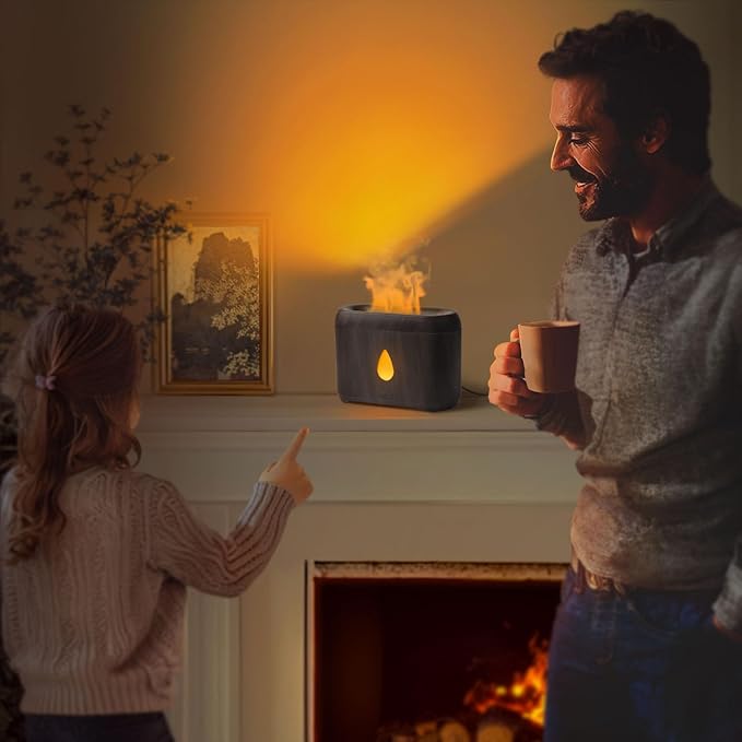 Flame Diffuser for Essential Oils, 200ml Ultrasonic Aroma Diffusers with Cool Mist, Aromatherapy Diffuser with Auto-Off Protection (Dark Wooden Grain, Unscented)