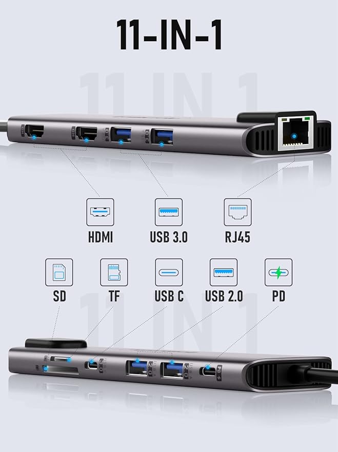 Aluminum Docking Station USB-C Hub with 2 HDMI, Gigabit Ethernet, 4 USB A, USB-C 3.0, PD 100W, SD/TF, 1000Mbps RJ45 LAN Dock Adapter for MacBook Docking Station Laptop, Supports 2 Monitor