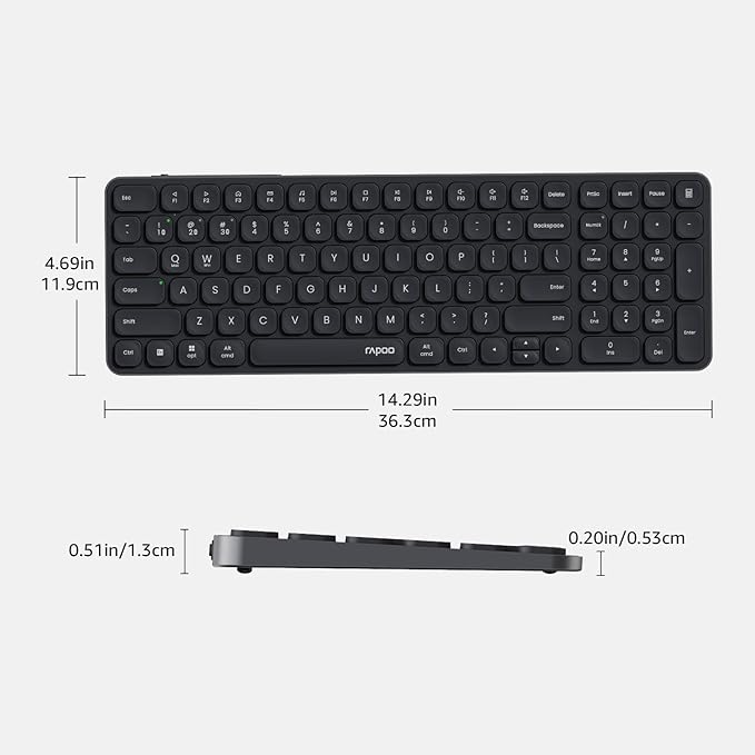 Rapoo E9350L Rechargeable Wireless Keyboard, Support 4 Devices, Ultra-Slim with Indicator Light, Quiet, 90-Day Battery Life, Full Size Keyboard with Numeric Keypad for Windows/Mac/Linux/Chrome, Black