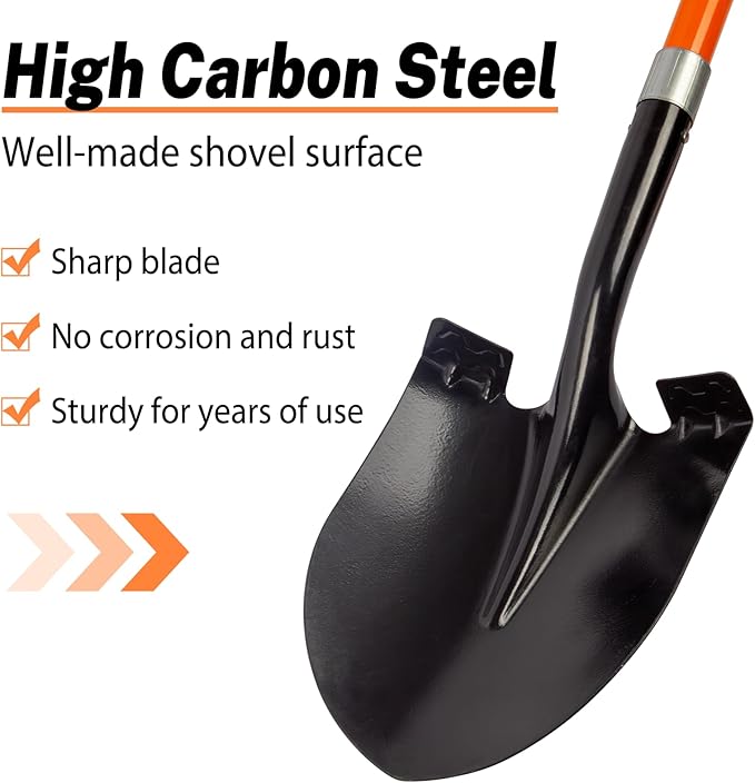 Heavy Duty Gardening Shovel, 56 Inch Round Blade with Fiberglass Handle (Orange)