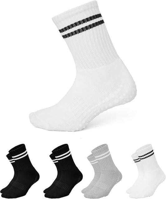 AMELLE Pilates Mid Crew Grip Socks for Women Non Slip – Half Cushioned Striped Yoga Barre Crew Socks with Grips – Anti Skid