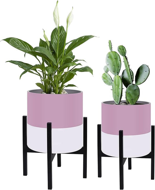 Planter with Stand Set of 2, Modern Plant Pots with Metal Legs Indoor,Flower Pots with Drainage Holes Matching Decorative Garden Pot for Living Room, Office, Garden, or Balcony 10 & 12 Inches