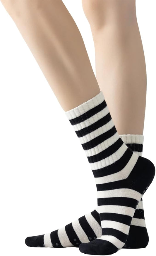 Yoga Pilates Socks with Grips for Women Non Slip Striped Cushioned Crew Socks for Barre Ballet Dance