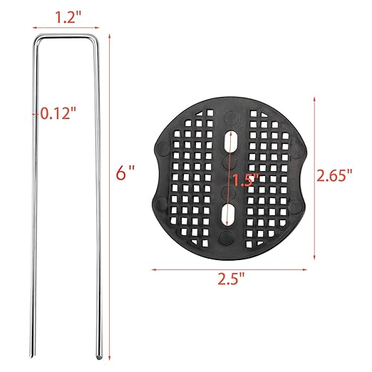 Finderomend 100 Pack Landscape Staples and 100 Pack Gaskets,6" Galvanized Steel Garden Staples 11 Gauge with Black Pads,Landscape Pins Turf Staples for Securing Weed Barrier Fabric Artificial Grass