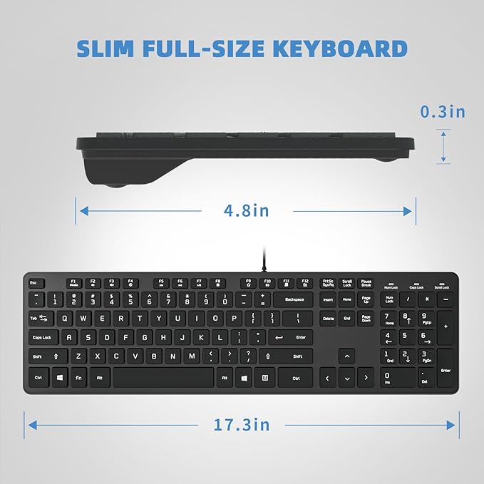 Wired USB Keyboard, Comfortable Quiet Chocolate Keys, Durable Ultra-Slim Wired Computer Keyboard(QWERTY) for PC, Windows 11/10/8/7/XP/Vista KB1430 - Black