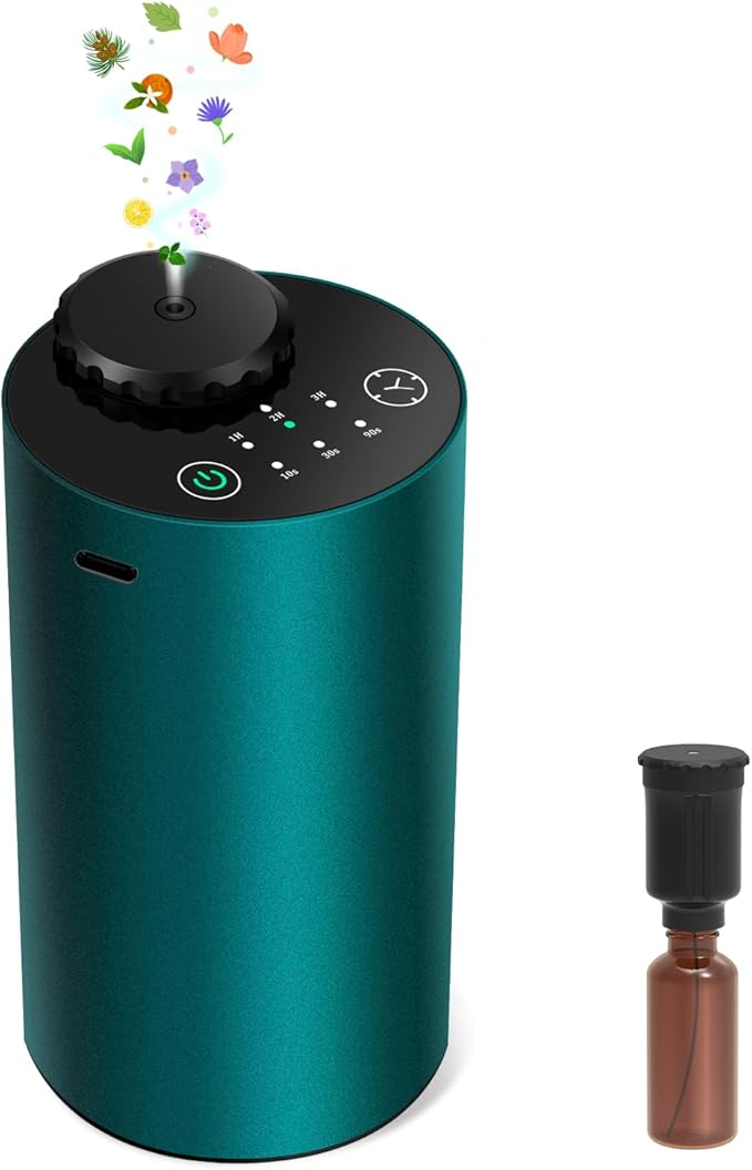 Waterless Essential Oil Diffuser Aromatherapy Scent Diffusers for Home Large Room, Bedroom, Car, Office, Desk, Battery Operated Mini Portable Air Freshener, 3 Countdown Timers & 3 Mist Levels, Green