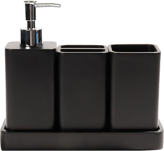 Bathroom Accessories Set, 4 Pcs Bathroom Accessory Set, Soap Dispenser, Toothbrush Holder, Qtip Holder Set, Bathroom Sets Complete, Bathroom Sink Set for Modern Home Decor, Black