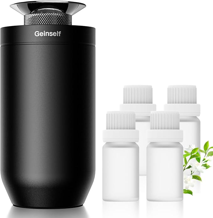 Waterless Essential Oil Diffuser Starter Kit with 4 x 10mL Fragrance Scent Oil, Smart Auto On/Off Car Diffuser Air Freshener, 1/8/24H Timer& 2 Mist Levels Scent Diffuser for Car (Black)