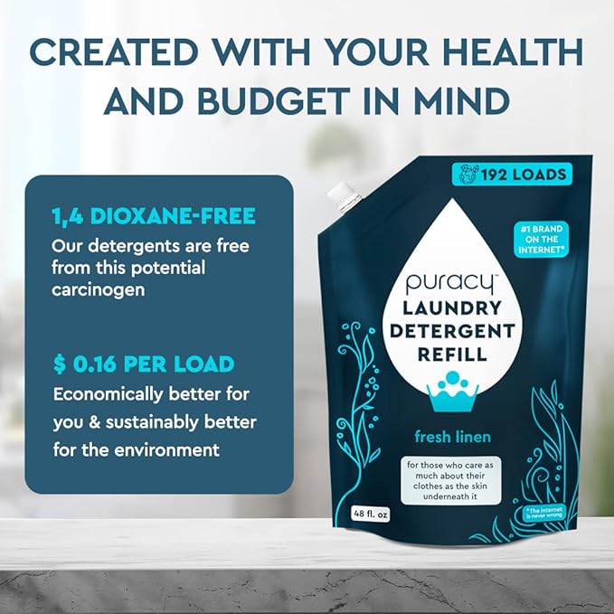 Puracy Laundry Detergent Refill - Enzyme-Powered Liquid Laundry Detergent Concentrate, Natural Laundry Detergent Seen on TikTok, Non-Toxic (Fresh Linen, 48 fl oz, 192 Loads)