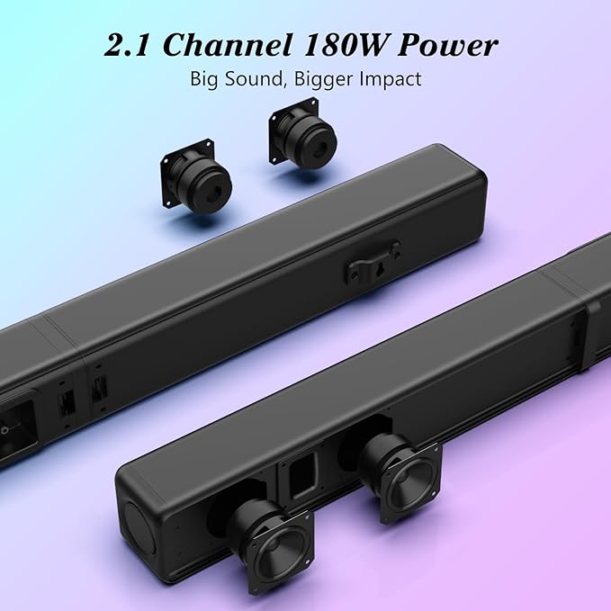 TV Sound Bar, Soundbar with RGB LED Lights & 2.1CH Bluetooth Speaker Surround System, 180W Surround Sound, AUX/Optical/HDMI ARC Home Theater Speaker, 2 in 1 Detachable for Smart TV/Projector/Gaming/PC