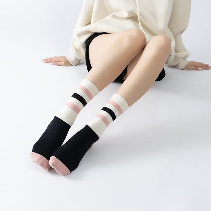 Yoga Pilates Socks with Grips for Women Non Slip Striped Cushioned Crew Socks for Barre Ballet Dance
