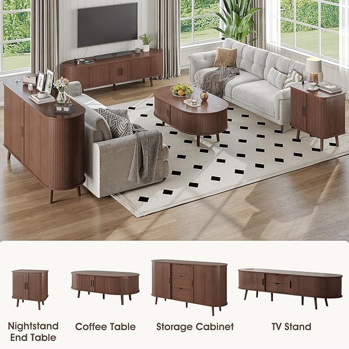 Alohappy 59" Mid Century Modern TV Stand with Power Outlet, Curved Edge Fluted TV Media Console Table with Drawer and Shelf, Farmhouse Entertainment Center for Living Room, Bedroom, Walnut