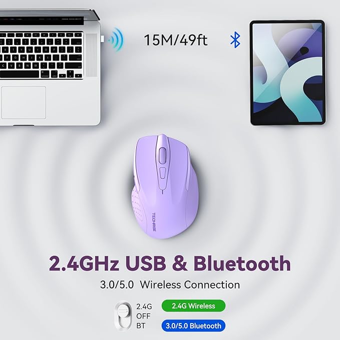 TechRise Bluetooth Mouse (BT5.0/3.0 & 2.4G) Rechargeable Wireless Mouse, 4800 DPI Optical Tracking, 6 Adjustable DPI, 2.4GHz with USB A Receiver, Quiet Clicks, Ergonomic Grips, 6 Buttons - Lavender