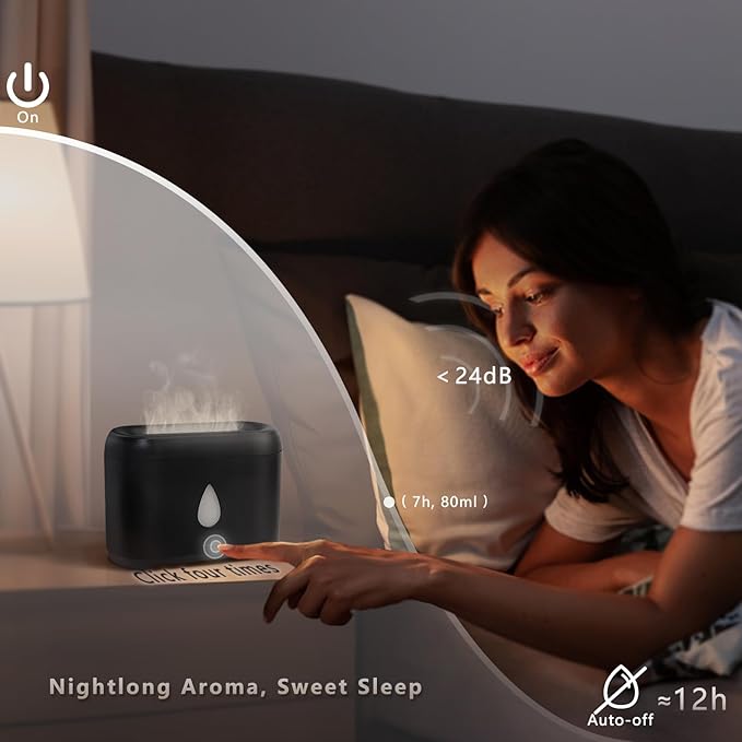 Flame Diffuser for Essential Oils, 200ml Ultrasonic Aroma Diffusers with Cool Mist, Aromatherapy Diffuser with Auto-Off Protection, Small Humidifier for Home,Office,Gift,B(7 Colors)+Oils（Each 5ml）