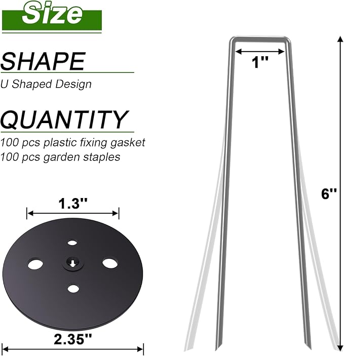 AAGUT 100 Pack Landscape Staples with Gasket Washer Caps, 6 Inch Vapor Barrier Stakes, Metal Garden Stakes Landscape Fabric Staples for Gardening Landscaping, Sod Fence Yard Lawn Ground Weed Mat Pins