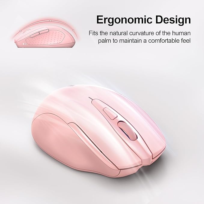 TECKNET Rechargeable Wireless Mouse, 2.4G Silent Quiet Click, 6 Adjustable 4800 DPI, Cordless Computer Mouse, Ergonomic Mouse for Laptop, 6 Buttons USB for Chromebook, Ergo Grip - Pink